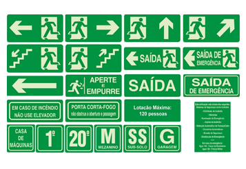 Placas de sinalização de emergência e rota de fuga
